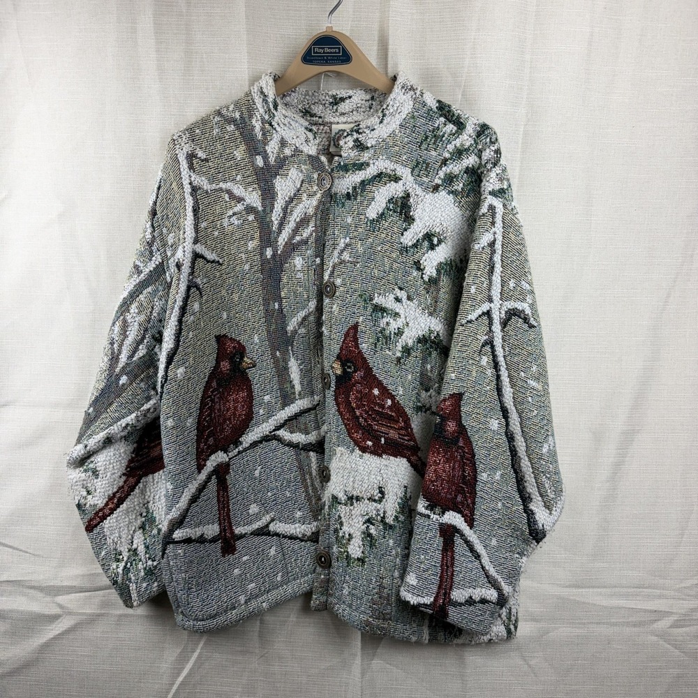 Sugar Street Weavers Jacket Womens XL Gray Cardinal Winter Tapestry Button Front